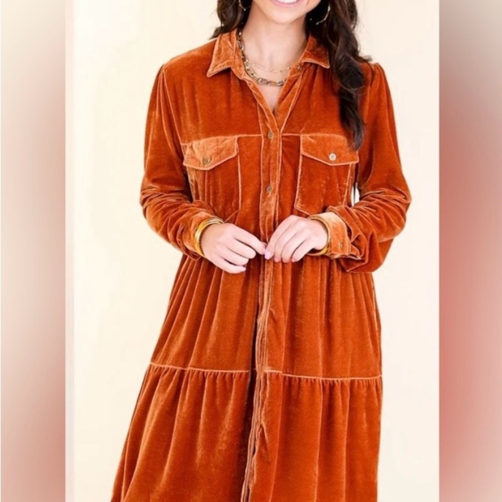 Umgee Rust Orange Velvet Buttob Up Dress